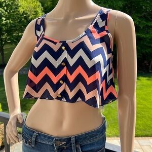 Charlotte Russe Geo stripe, navy peach tan white crop top